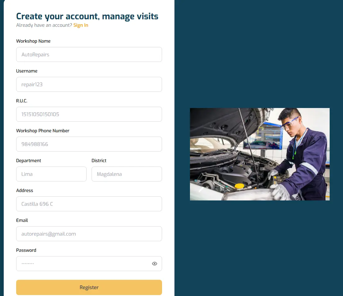 Captura de pantalla - Registro de taller